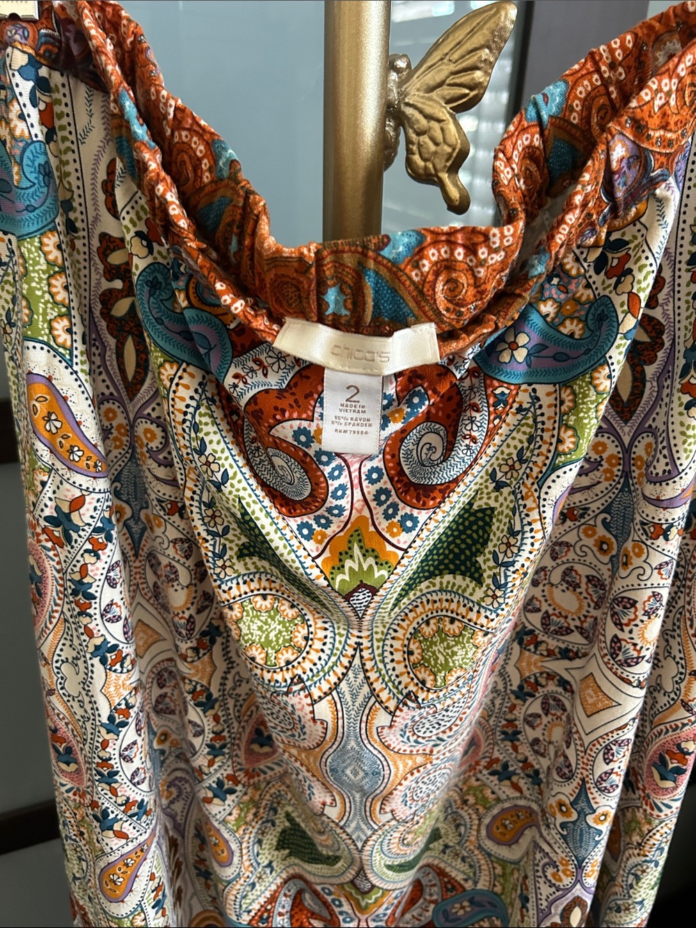 Chicos Paisley Print Skirt in Orange, Teal & Green Multi.